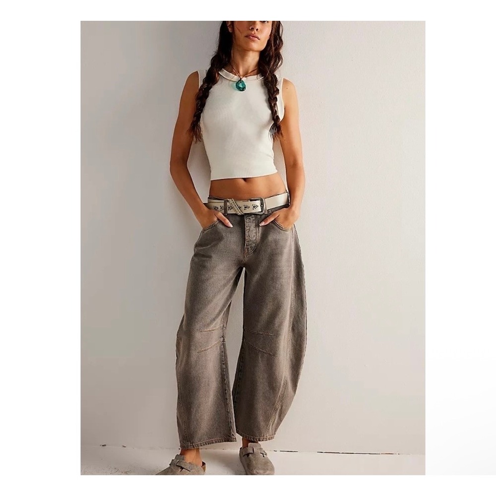 Free People We The Free Good Luck Mid Rise Barrel Jeans Gray 26